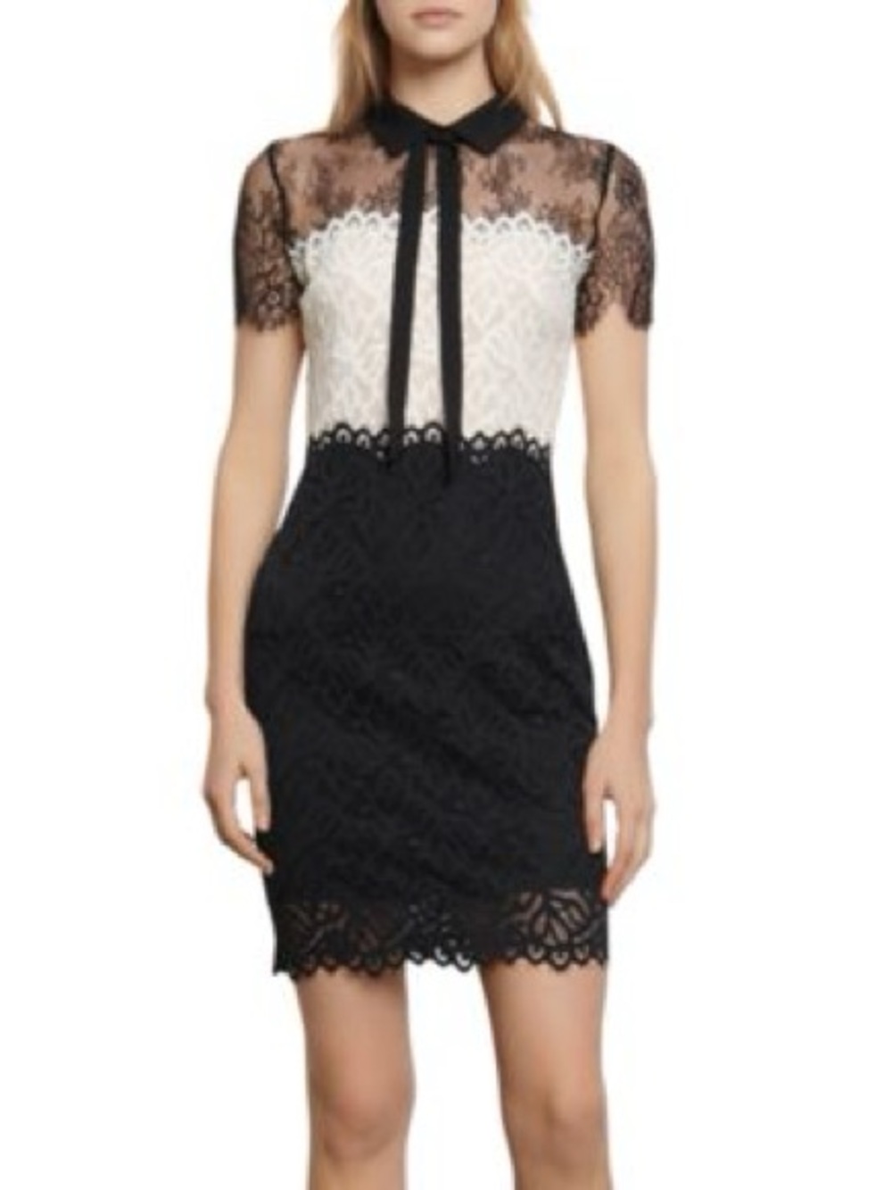 Sandro Paris Two Tone Lace Black & White Lace Midi Dress with Tie-Neck